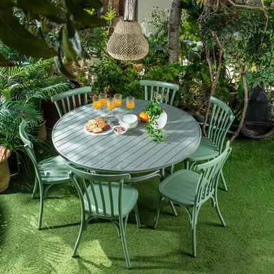 ריהוט גן מעוצב שולחן אירוח לחצר אלומיניום עמיד כיסאות